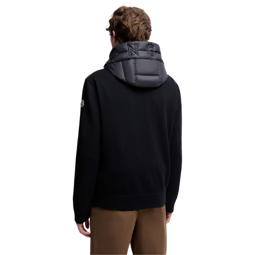 Cardigan à capuche zippé matelassé MONCLER bi matière laine nylon bleu marine