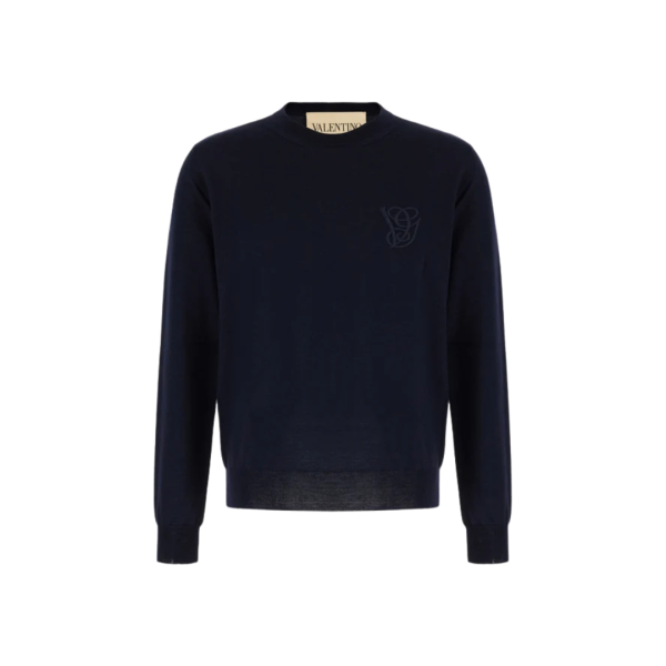 Pull col rond laine VALENTINO bleu marine VLogo signature poitrine