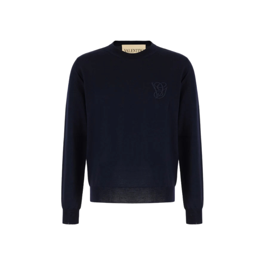 Pull col rond laine VALENTINO bleu marine VLogo signature poitrine