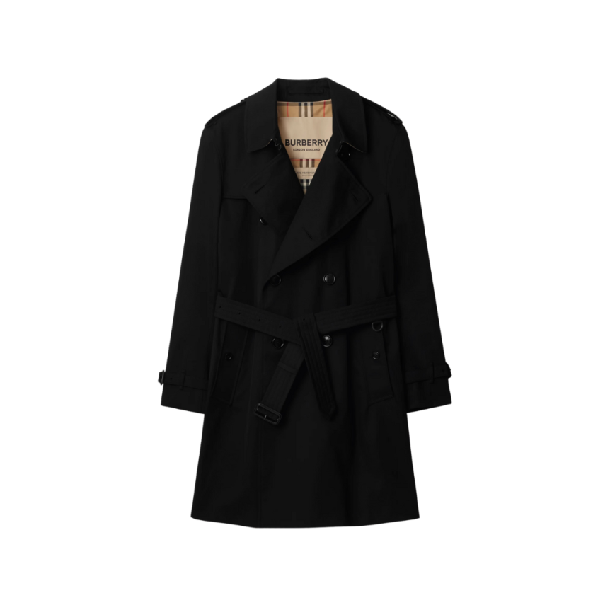 trench-coat BURBERRY Kensington mi long gabardine coton noir revers col Check beige