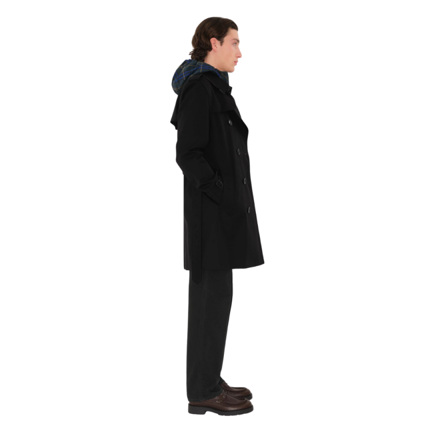 trench-coat BURBERRY Kensington mi long gabardine coton noir revers col Check beige