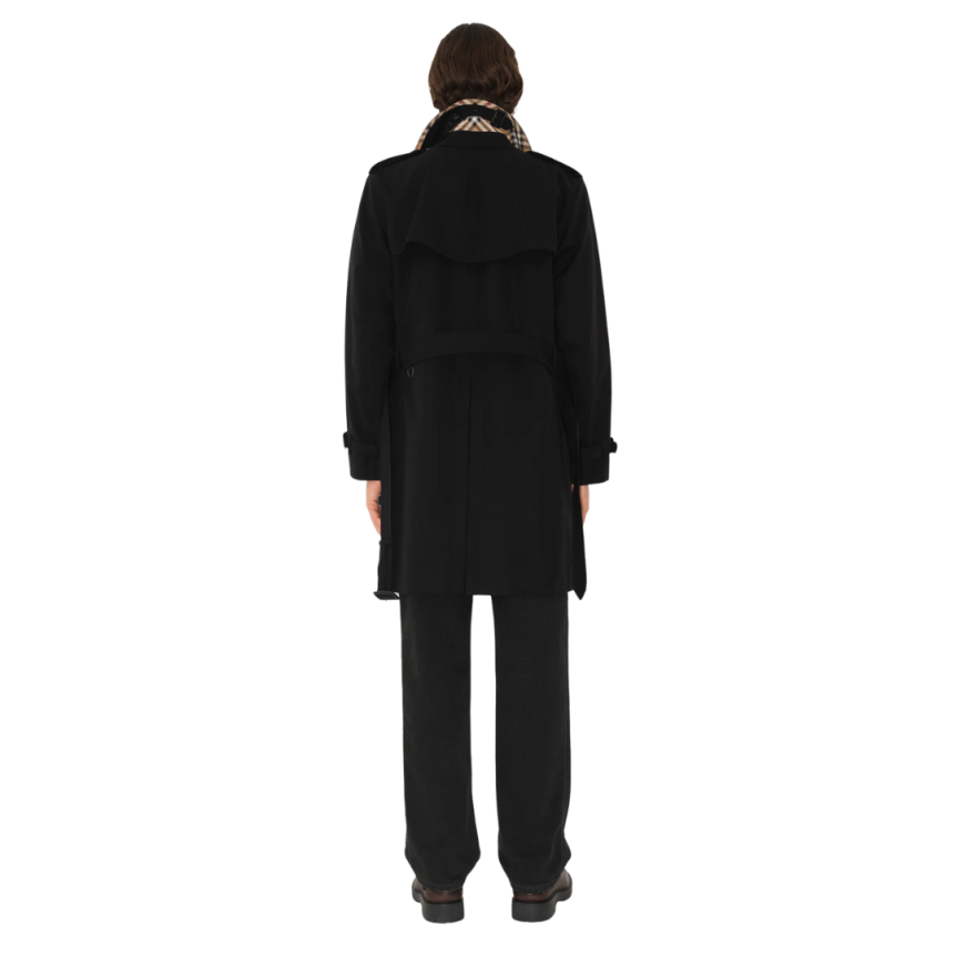 trench-coat BURBERRY Kensington mi long gabardine coton noir revers col Check beige