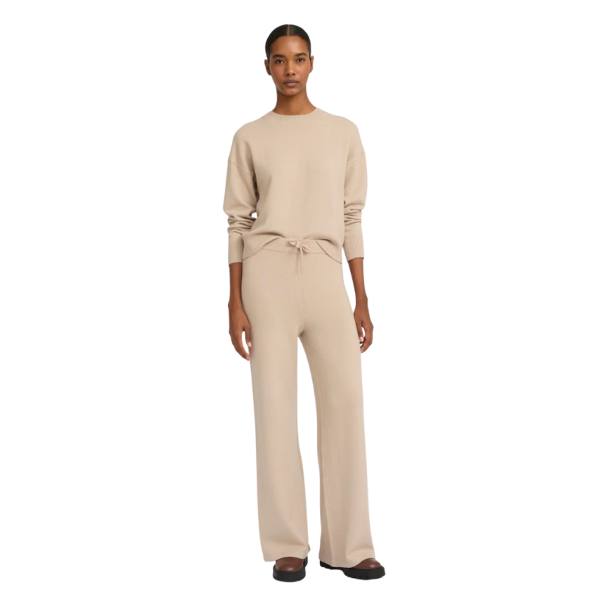 Pantalon ample YVES SALOMON laine mérinos beige taille élastique cordon
