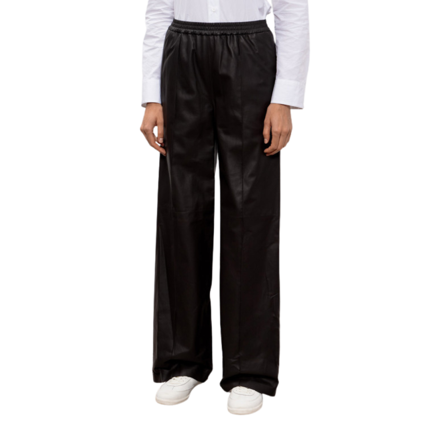 Pantalon droit YVES SALOMON cuir agneau marron chocolat taille élastique