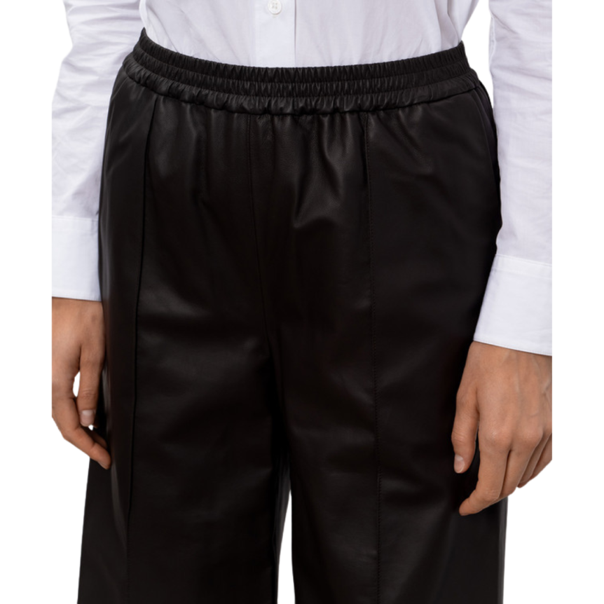 Pantalon droit YVES SALOMON cuir agneau marron chocolat taille élastique