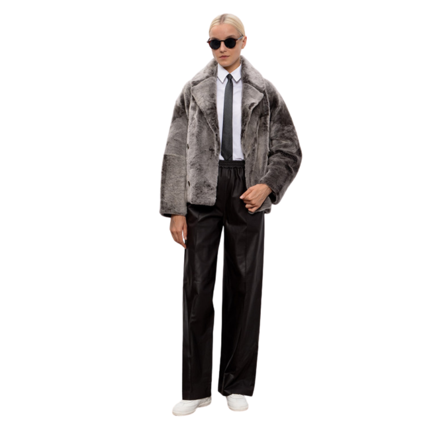 Pantalon droit YVES SALOMON cuir agneau marron chocolat taille élastique