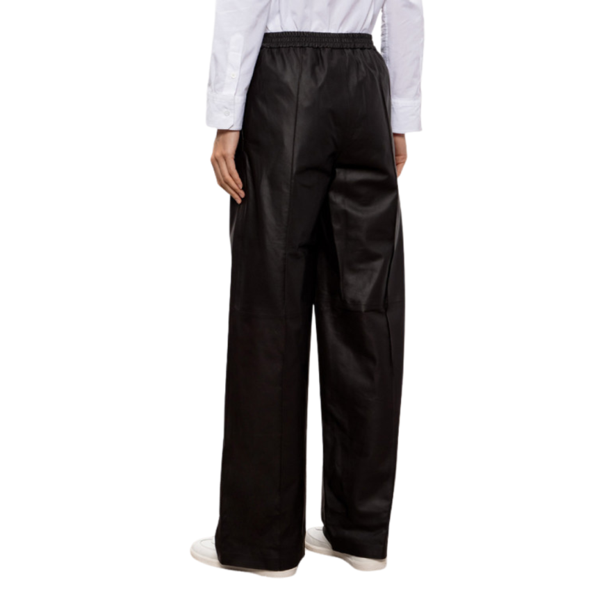 Pantalon droit YVES SALOMON cuir agneau marron chocolat taille élastique