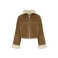 Veste courte peau lainée agneau beige fourrure détails cuir