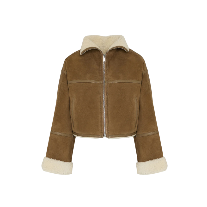 Veste courte YVES SALOMON peau lainée agneau beige fourrure détails cuir