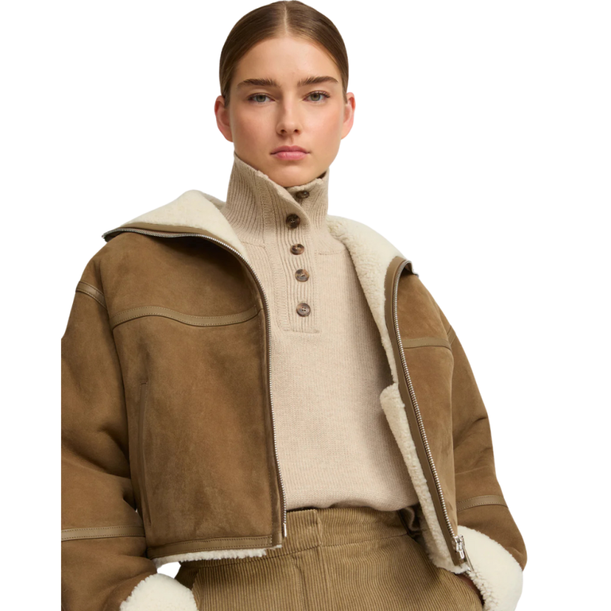 Veste courte YVES SALOMON peau lainée agneau beige fourrure détails cuir