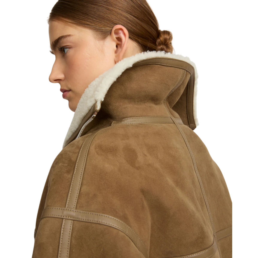 Veste courte YVES SALOMON peau lainée agneau beige fourrure détails cuir