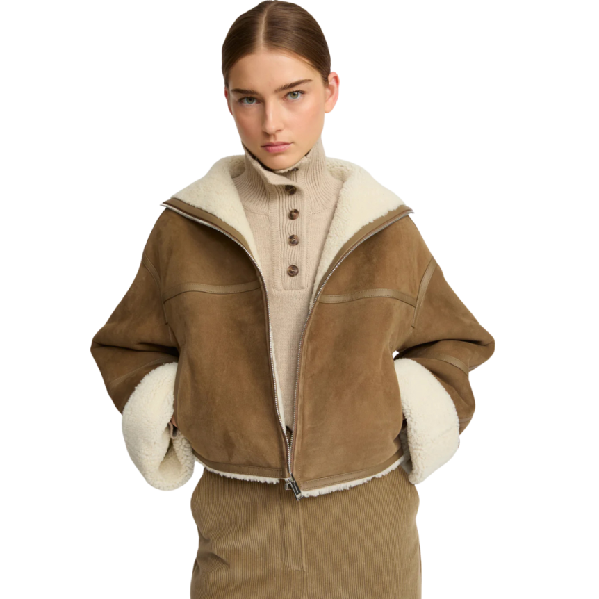 Veste courte YVES SALOMON peau lainée agneau beige fourrure détails cuir