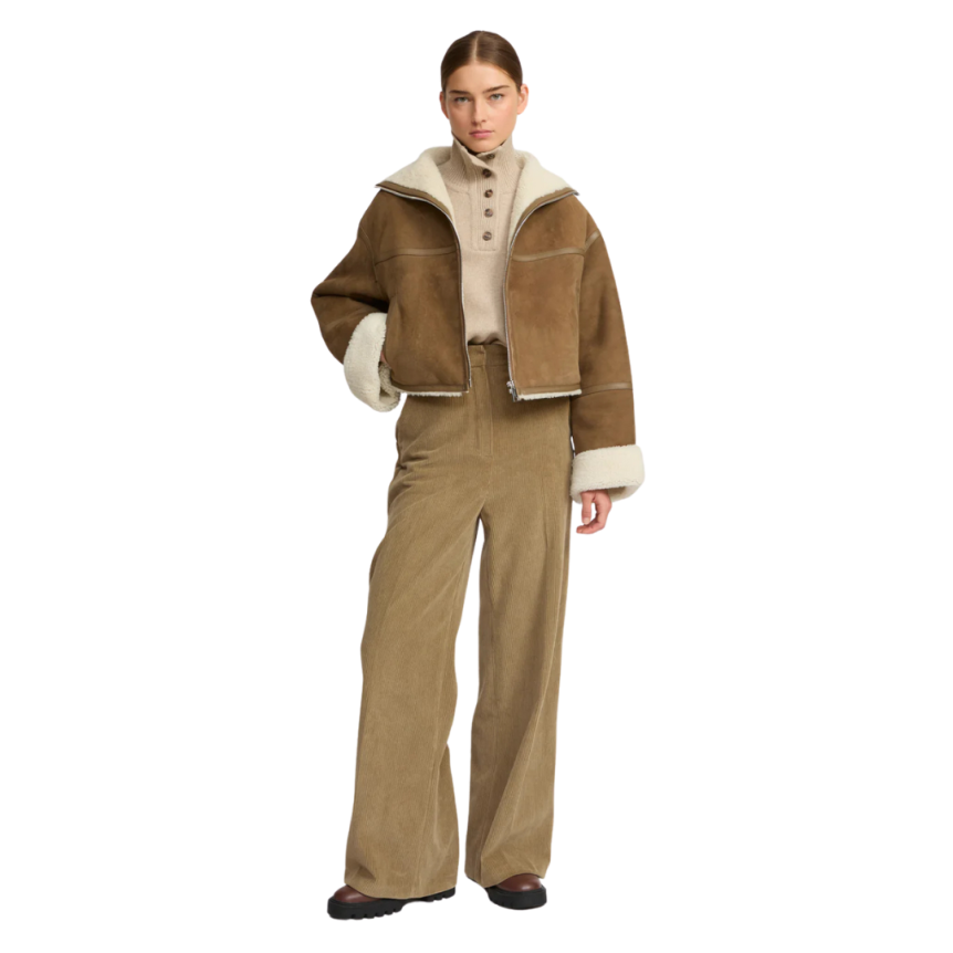 Veste courte YVES SALOMON peau lainée agneau beige fourrure détails cuir