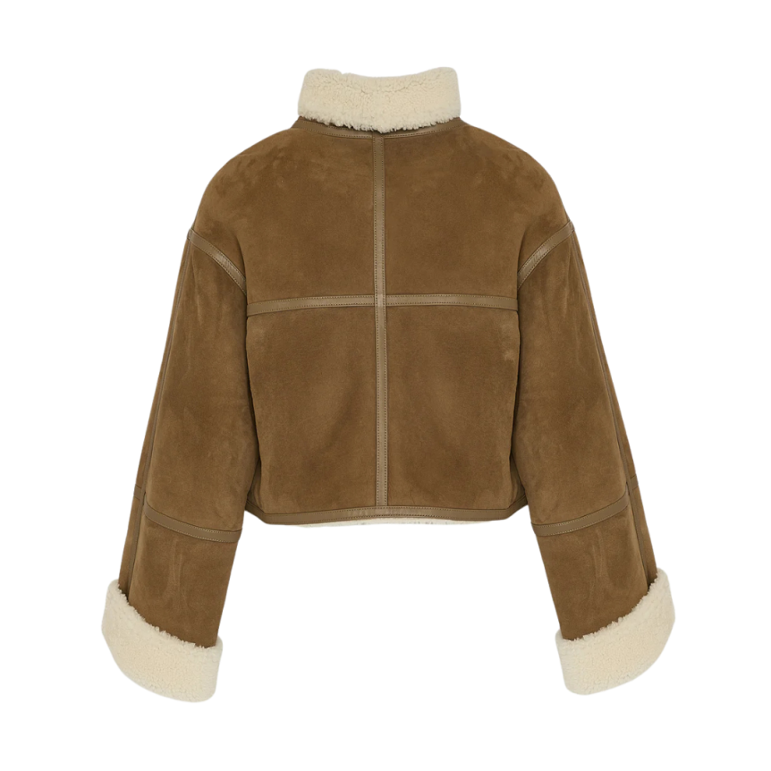 Veste courte YVES SALOMON peau lainée agneau beige fourrure détails cuir