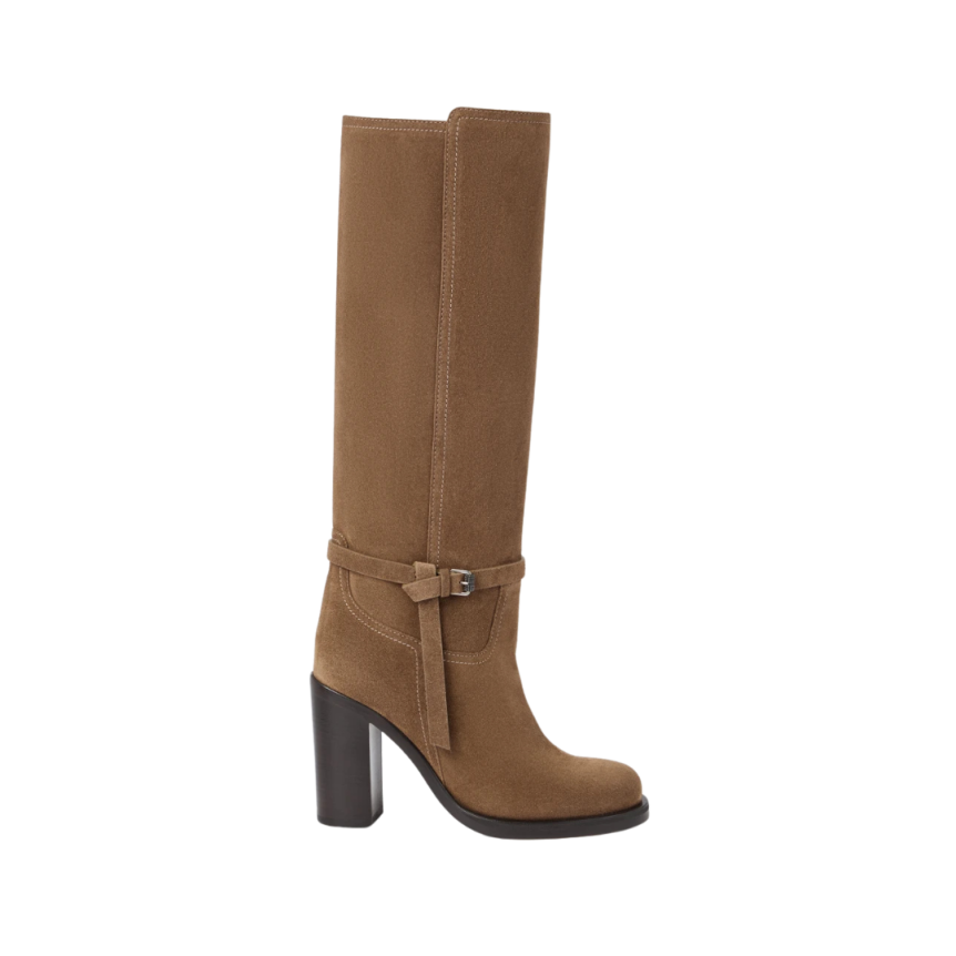 Bottes à talon BRUNELLO CUCINELLI cuir daim marron clair sangle Monile