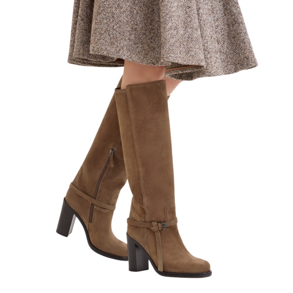 Bottes à talon BRUNELLO CUCINELLI cuir daim marron clair sangle Monile