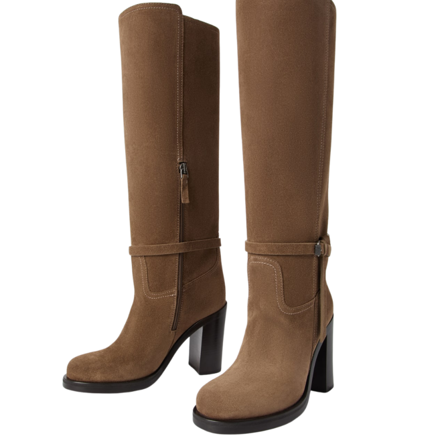 Bottes à talon BRUNELLO CUCINELLI cuir daim marron clair sangle Monile