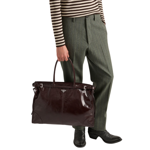 Sac Cabas PRADA Bonnie cuir marron foncé brillant