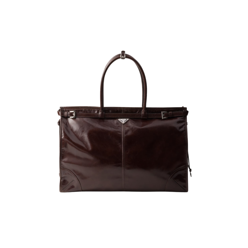 Sac Cabas PRADA Bonnie cuir marron foncé brillant