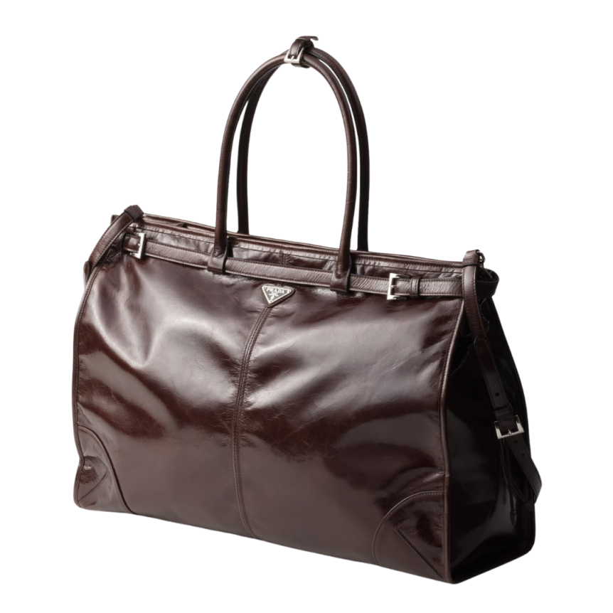 Sac Cabas PRADA Bonnie cuir marron foncé brillant
