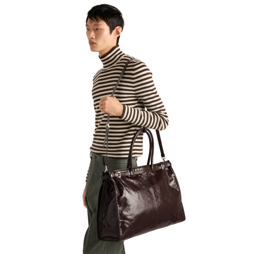 Sac Cabas PRADA Bonnie cuir marron foncé brillant