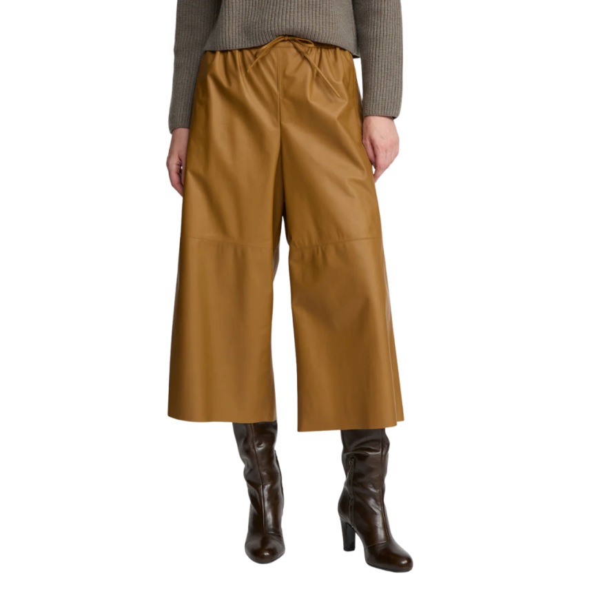 Jupe culotte YVES SALOMON cuir agneau camel jaune cordon taille élastique
