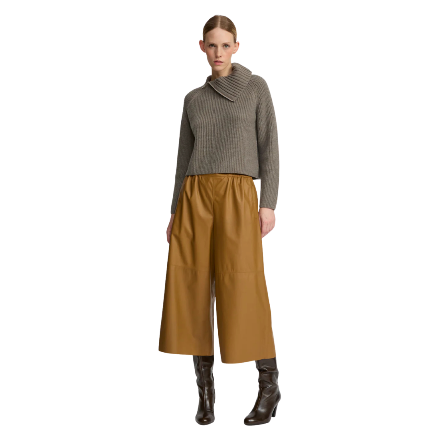 Jupe culotte YVES SALOMON cuir agneau camel jaune cordon taille élastique