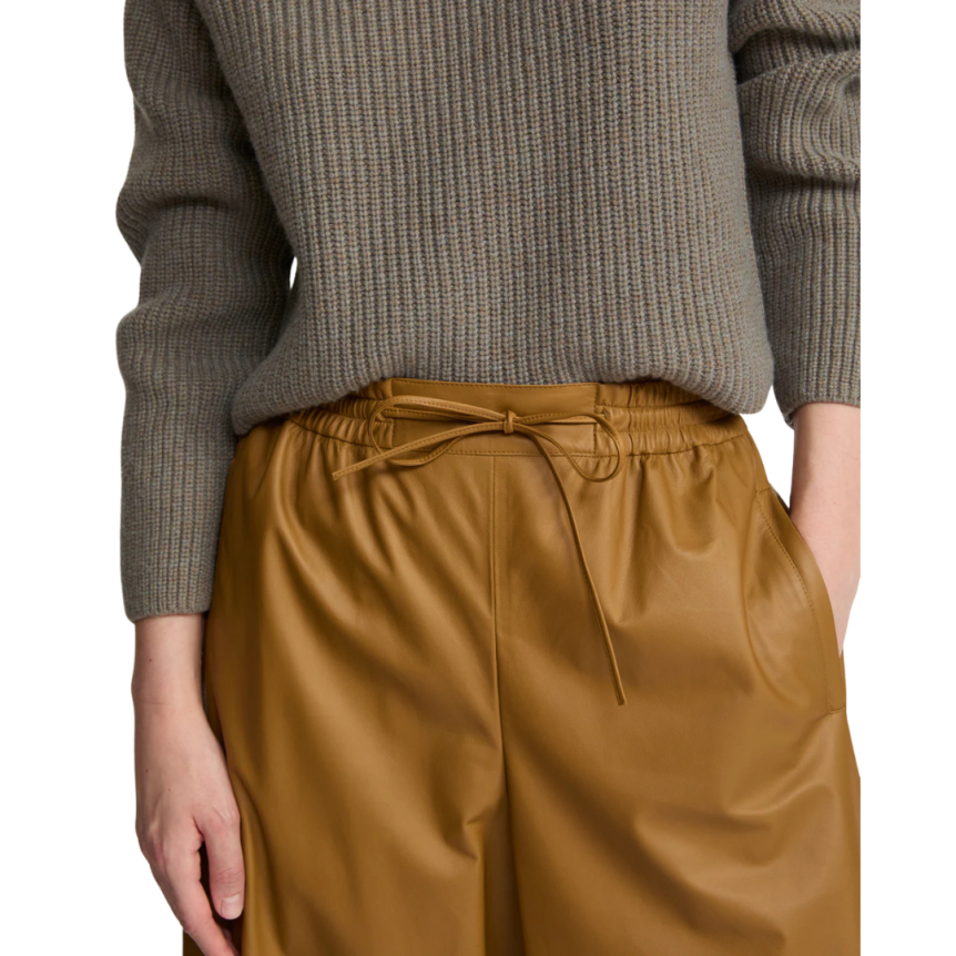 Jupe culotte YVES SALOMON cuir agneau camel jaune cordon taille élastique