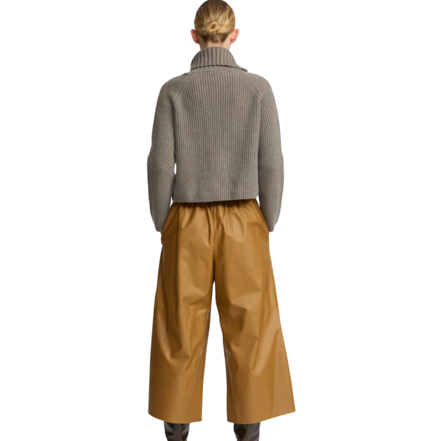 Jupe culotte YVES SALOMON cuir agneau camel jaune cordon taille élastique