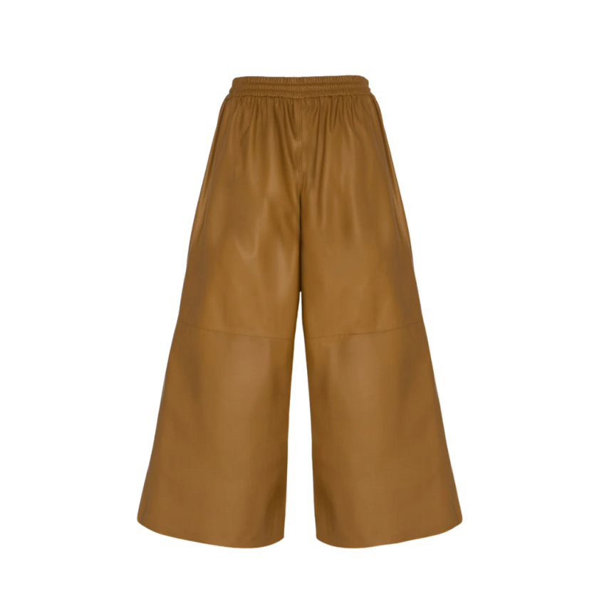 Jupe culotte YVES SALOMON cuir agneau camel jaune cordon taille élastique