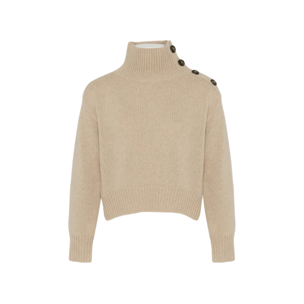 Pull court col cheminée YVES SALOMON laine cachemire beige boutons épaule