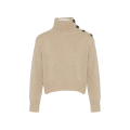 Pull court col cheminée laine cachemire beige boutons épaule