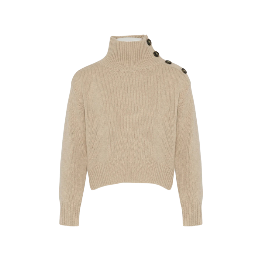 Pull court col cheminée YVES SALOMON laine cachemire beige boutons épaule