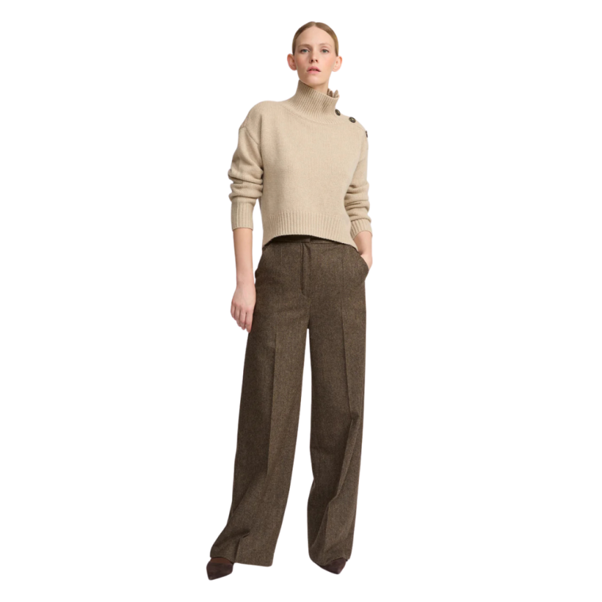 Pull court col cheminée YVES SALOMON laine cachemire beige boutons épaule