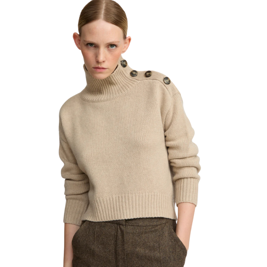 Pull court col cheminée YVES SALOMON laine cachemire beige boutons épaule