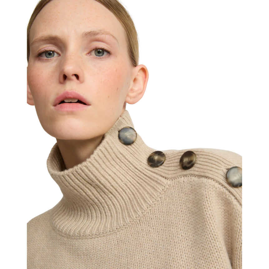 Pull court col cheminée YVES SALOMON laine cachemire beige boutons épaule