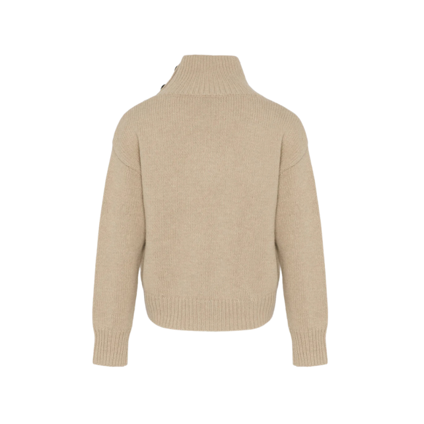 Pull court col cheminée YVES SALOMON laine cachemire beige boutons épaule