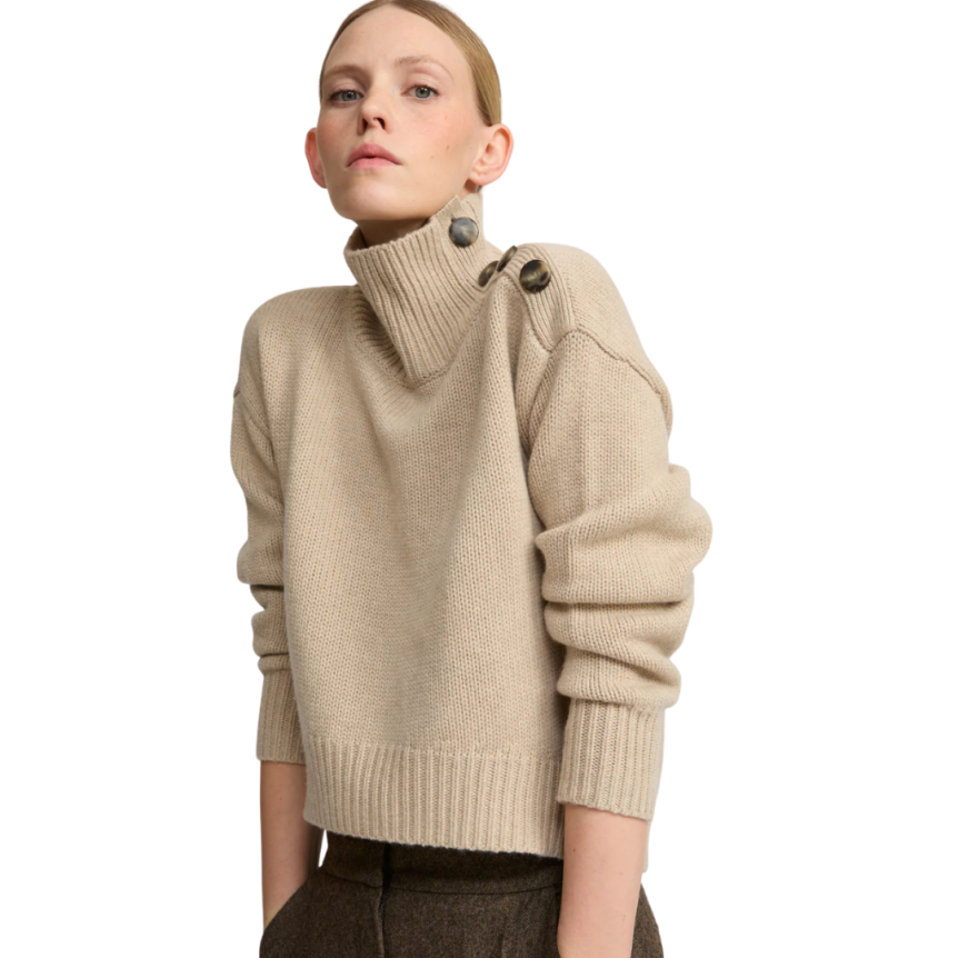 Pull court col cheminée YVES SALOMON laine cachemire beige boutons épaule