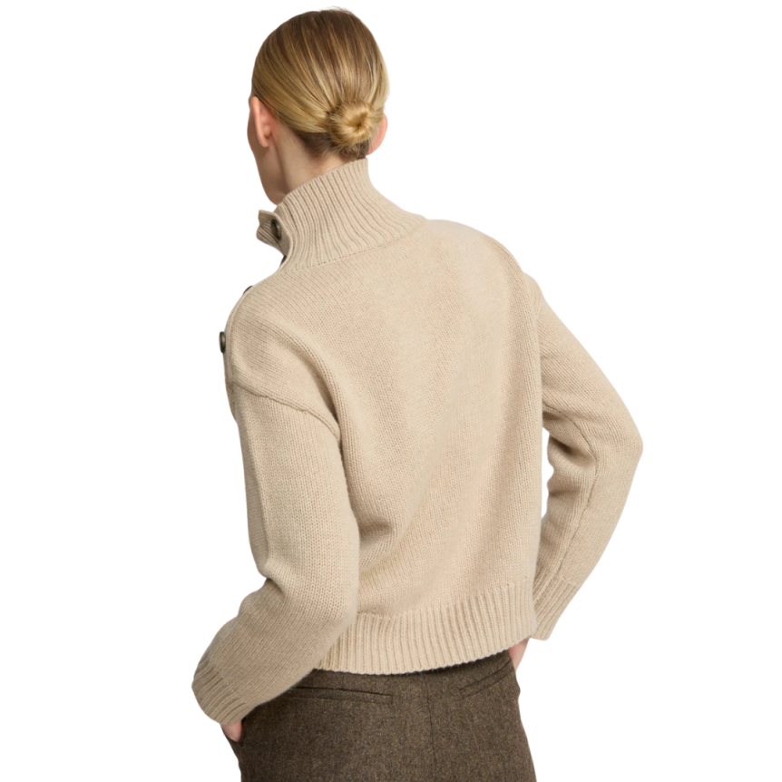 Pull court col cheminée YVES SALOMON laine cachemire beige boutons épaule
