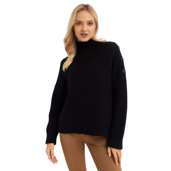 Pull col cheminée YVES SALOMON laine cachemire noir boutons epaule