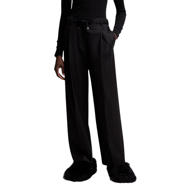 Pantalon large MONCLER gabardine de laine noir taille élastique cordon