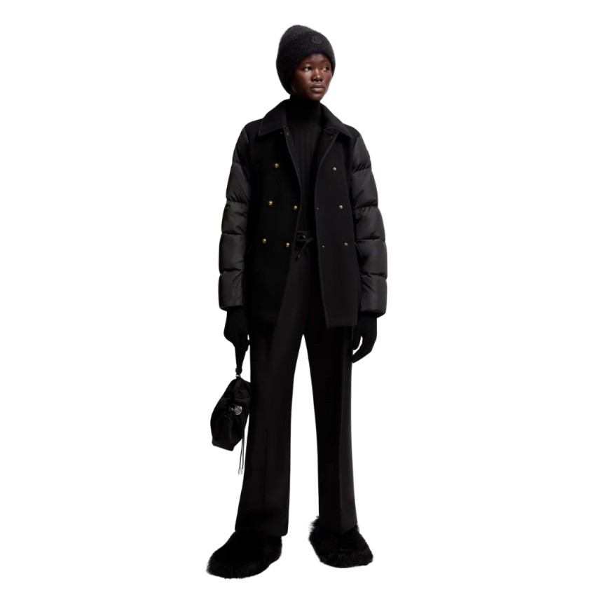 Pantalon large MONCLER gabardine de laine noir taille élastique cordon