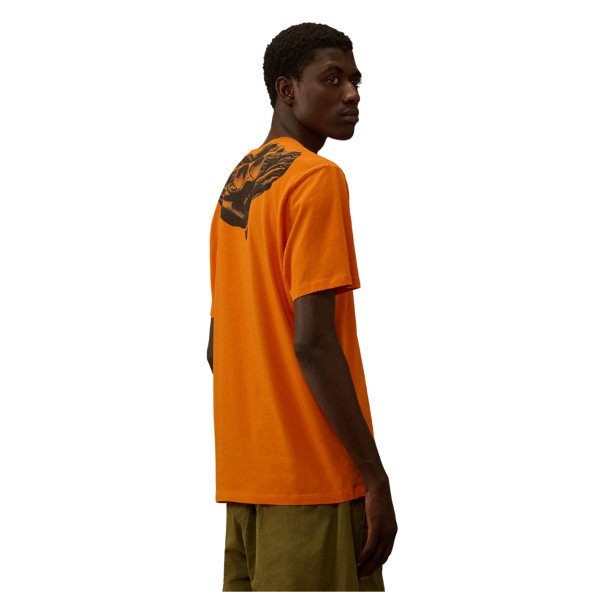 T-shirt col rond CP COMPANY coton orange imprimé capuche lunettes dos