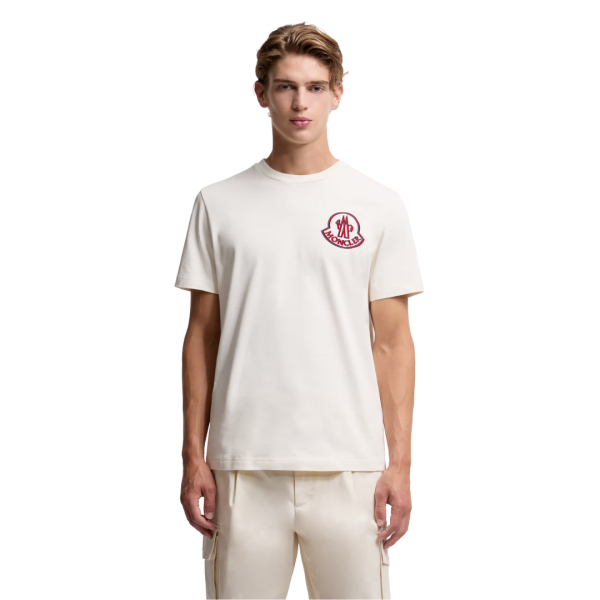 T-shirt MONCLER col rond coton blanc gros logo bleu rouge poitrine