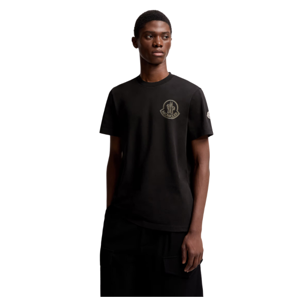T-shirt MONCLER col rond coton noir gros logo gris kaki poitrine