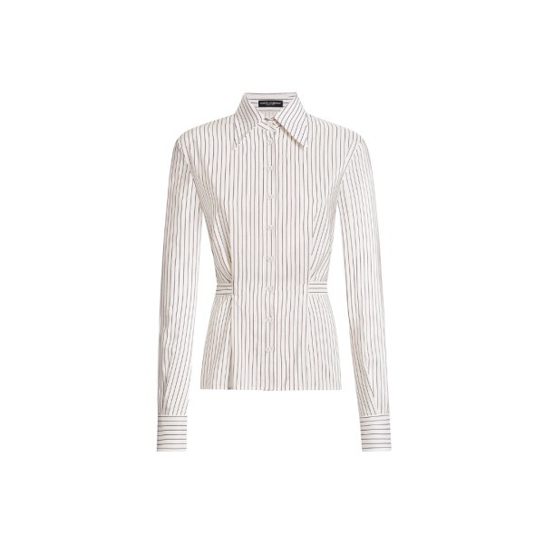 Chemise manche longue DOLCE & GABBANA coton soie blanc fine rayures marron