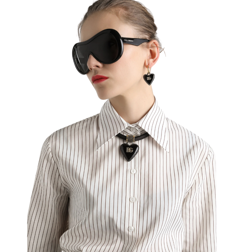 Chemise manche longue DOLCE & GABBANA coton soie blanc fine rayures marron