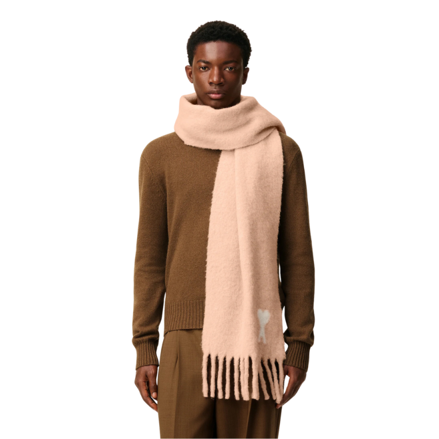 Echarpe oversize AMI Paris laine alpaga mélangé rose cœur blanc