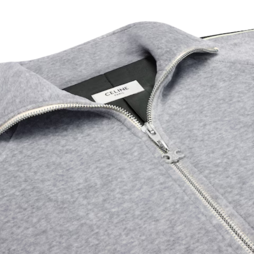 Veste zippée CELINE tracksuit coton velours gris bande beige broderie Triomphe