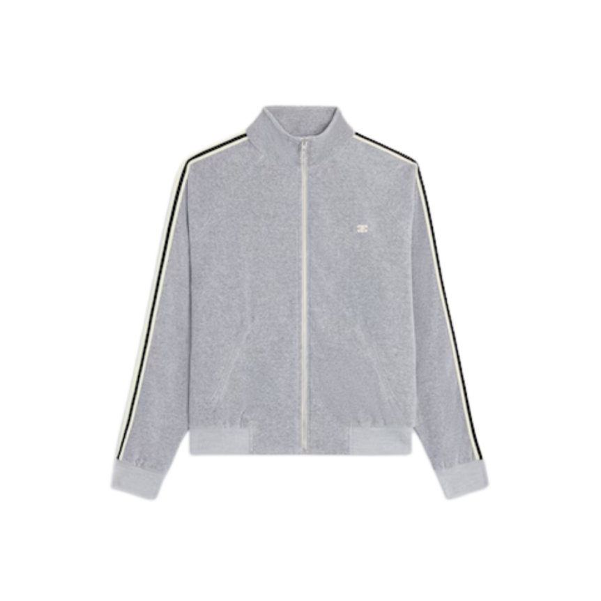 Veste zippée CELINE tracksuit coton velours gris bande beige broderie Triomphe